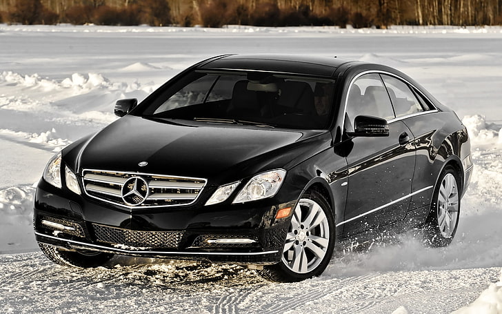 black Mercedes-Benz coupe, snow, black, coupe, mercedes-benz, Mercedes, the front, 4matic, e350, E-class, HD wallpaper