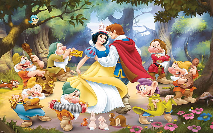 白雪姫と王子様と踊る七人の小人、 HDデスクトップの壁紙