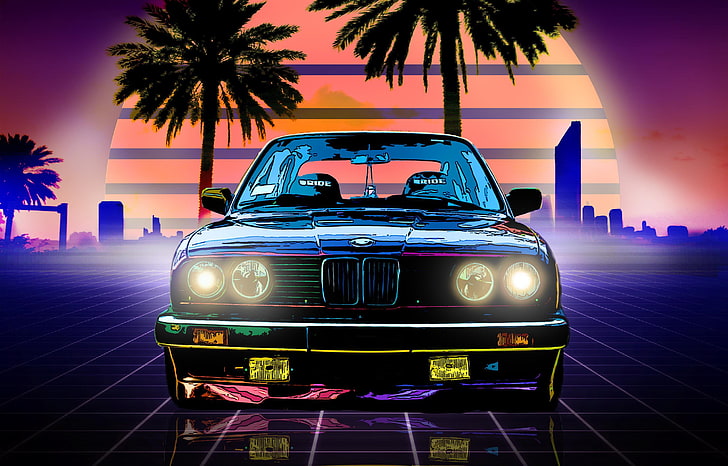 The sun, Music, Neon, BMW, Machine, Boomer, Palm trees, Background, Lights, Electronic, BMW M3, The front, Synthpop, Darkwave, Synth, Retrowave, Synth-pop, Sinti, Synthwave, Synth pop, Tapety HD