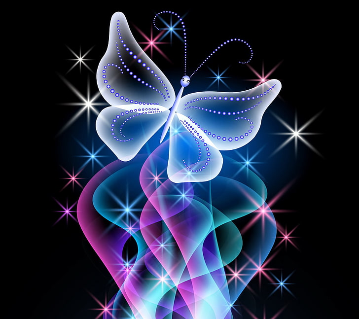 ilustração de borboleta branca e azul, borboleta, abstrato, projeto, azul, rosa, brilho, néon, brilho, HD papel de parede