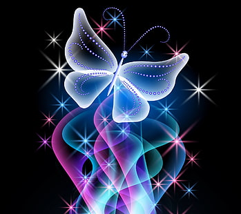 бело-голубая иллюстрация бабочки, бабочка, абстрактный, дизайн, синий, розовый, свечение, неон, блеск, HD обои HD wallpaper
