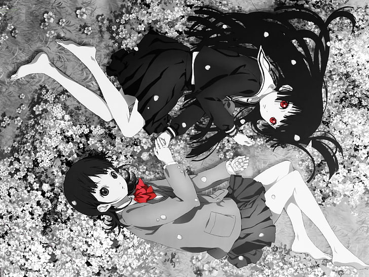 Enma Ai, anime girls, anime, Jigoku Shoujo, flowers, lying down, kimono, school uniform, red eyes, HD wallpaper