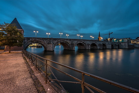 nuit, pont, lumières, Pays-Bas, Hollande, Maastricht, Fond d'écran HD HD wallpaper