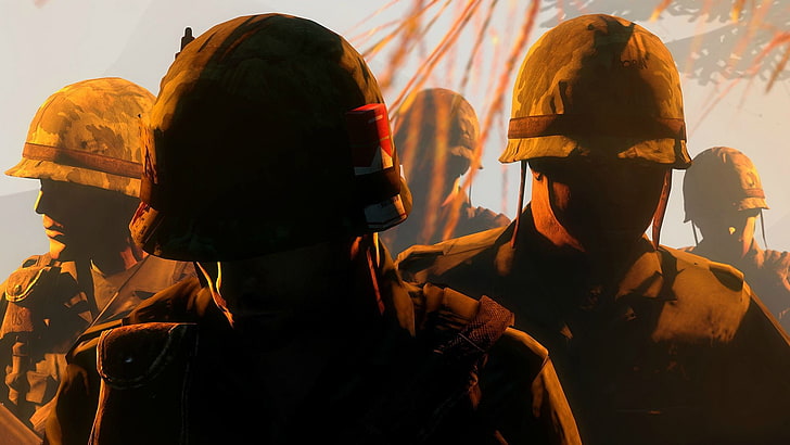 schwarz und orange Full-Zip-Jacke, Soldat, Animation, emotional, Helm, Militär, Schatten, HD-Hintergrundbild