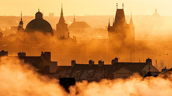 небе, стария град мост кула, зората, Прага, Европа, мъгла, замък, силует, кула, Чехия, HD тапет HD wallpaper