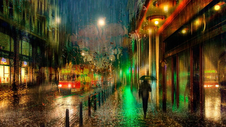 réflexion, lumières de la ville, paysage urbain, zone urbaine, nuit, ville, éclairage, soirée, eau, pluie, centre ville, tram, rue, Fond d'écran HD
