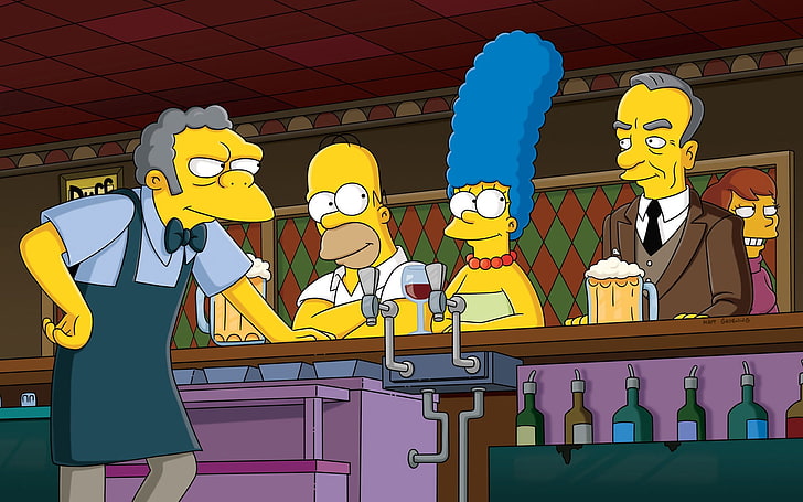The Simpsons TV show still screenshot, The Simpsons, Moe Szyslak, Marge Simpson, Homer Simpson, beer, bar, Fond d'écran HD