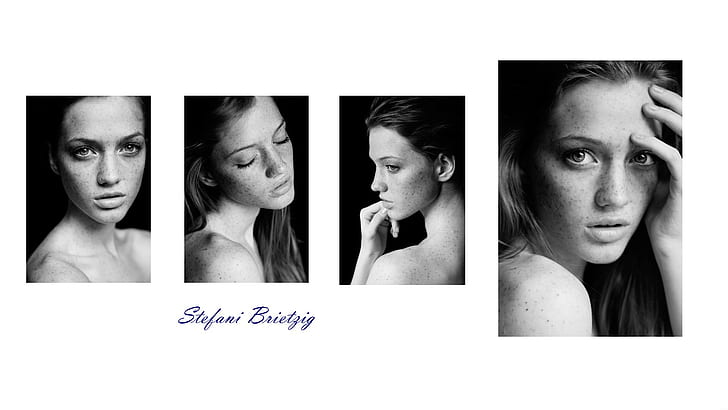 Stefani Brietzig, monochrome, freckles, bare shoulders, face, closeup, collage, women, model, closed eyes, HD wallpaper