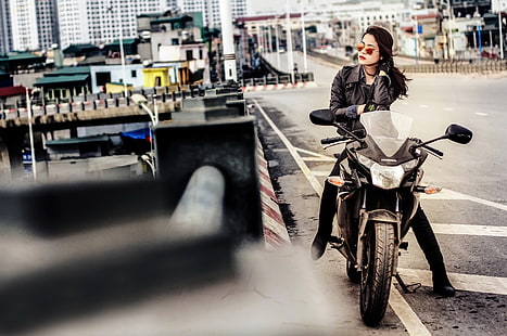 жени, модел, мотоциклет, азиатски, кожени дрехи, кожени якета, жени с велосипеди, HD тапет HD wallpaper