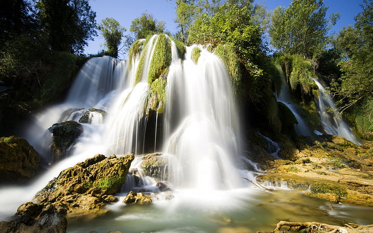 Wasserfall und Felsen, Wasserfälle und Bäume, Wasserfall, Bäume, Felsen, s, Best s, HD-Hintergrundbild