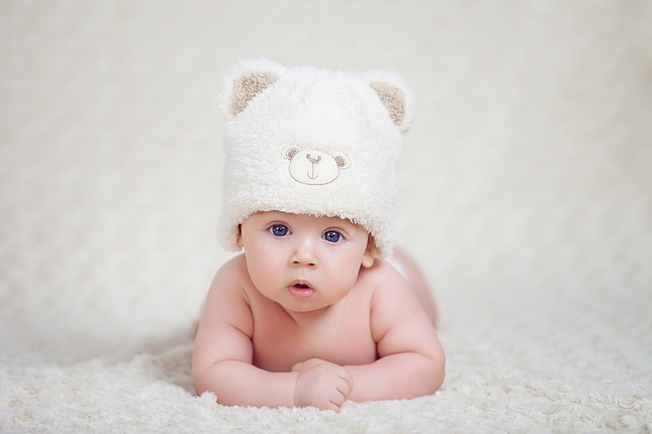 baby's white bear knit cap, child, face, sweet, baby, kid, newborn, HD wallpaper