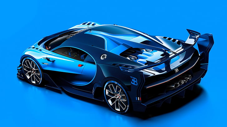 черен и син модел за леене на кола, автомобил, Bugatti Vision Gran Turismo, HD тапет