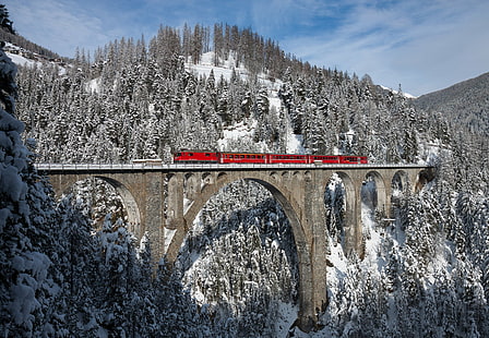 سويسرا ، قطار ، جسر فيسن ، شتاء، خلفية HD HD wallpaper