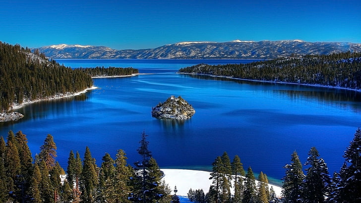 crater lake, usa, state park, emerald bay, inlet, water resources, river, national park, tree, nature, reservoir, mountain, mount scenery, sky, reflection, water, wilderness, lake, HD wallpaper
