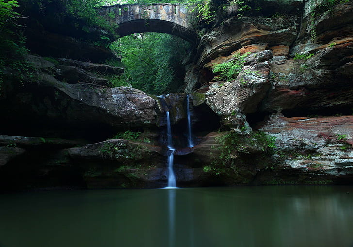Пещера Старика, Огайо., Соединенные Штаты, пещера старика, Огайо, холмистая местность, верхние водопады, 3d и аннотация, HD обои
