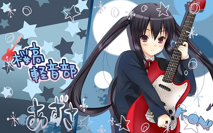 female anime character playing guitar wallpaper, k-on, nakano azusa, girl, brunette, blush, guitar, HD wallpaper