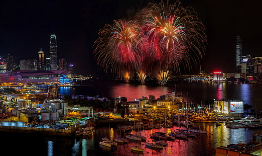 Hong Kong, Victoria Harbour, fuegos artificiales, muelle, noche, yate, rascacielos, Fondo de pantalla HD HD wallpaper