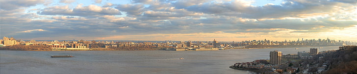 Нью-Йорк, тройной экран, широкий угол, река Гудзон, Манхэттен, городской пейзаж, HD обои