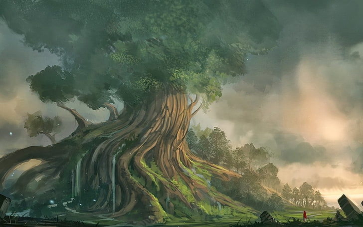 pintura abstracta verde y marrón, arte de fantasía, árboles, naturaleza, Fondo de pantalla HD