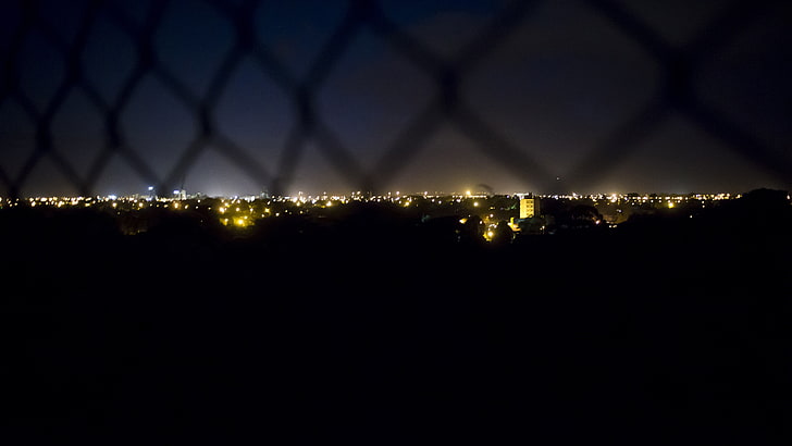 cityscape, fence, night, city, city lights, HD wallpaper