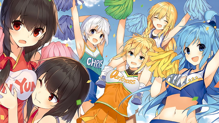 Anime, Anime Girls, weiße Haut, Fankunst, Kono Subarashii Sekai ni Shukufuku wo !, Aqua (KonoSuba), Dunkelheit (KonoSuba), Megumin, Yunyun (Konosuba), Chris (KonoSuba), Luna (KonoSuba), Cheerleader, HD-Hintergrundbild
