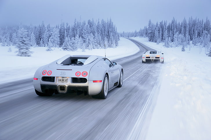 silver Bugatti Veyron coupe, snow, Bugatti, Veyron, Winter, White, Drive, HD wallpaper