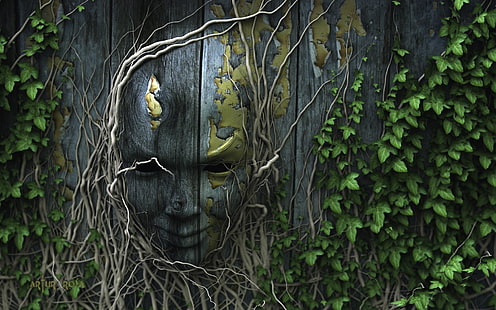 илюстрация на зелена лоза, дигитално изкуство, лице, дърво, корени, листа, дървена повърхност, растения, страховито, 3D, HD тапет HD wallpaper