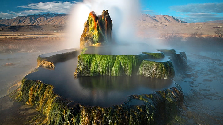 hito del géiser verde y marrón, naturaleza, paisaje, montañas, nubes, Nevada, EE. UU., agua, géiseres, larga exposición, reflexión, mojado, roca, Fondo de pantalla HD