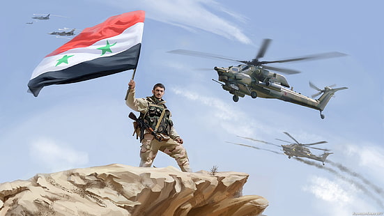 Сирия, армия, войник, флаг, хеликоптер, дигитално изкуство, АК-47, HD тапет HD wallpaper