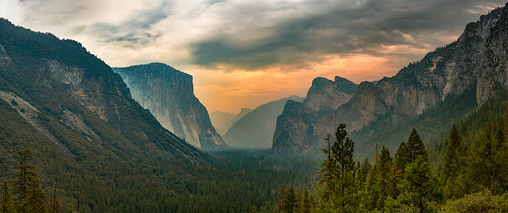 green trees on rocky mountain during daytime, Inferno, green, trees, rocky mountain, daytime, Photography, Tunnel View, Yosemite, cloudy, explore, fog  forest, forest fire, panorama, smoke, sony, valley, California, United States, US, Nature, Landscape, Scenics, Mountain Peak, Peak  Forest, Outdoors, Sunset, Rock, Object, Beauty, Travel, Tree, Sky  Mountain, Mountain Range, Summer, Sunrise, Dawn, National Landmark, Cliff  River, mountain, forest, rock - Object, beauty In Nature, HD wallpaper HD wallpaper