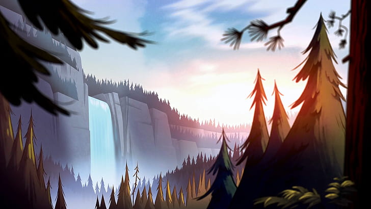 karya seni, hutan, air terjun, Gravity Falls, Wallpaper HD
