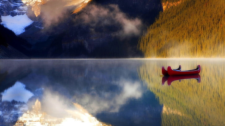 red canoe, boats, lake, mountains, reflection, red, HD wallpaper