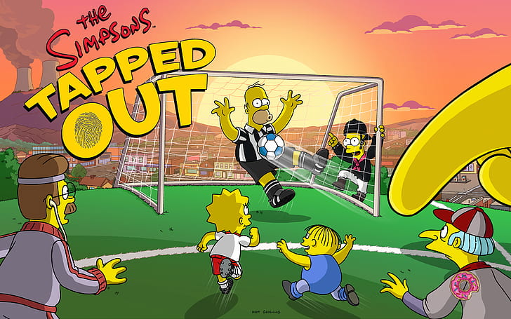 The Simpsons, Tapped Out, Homer Simpson, Ned Flanders, Bart Simpson, soccer, HD wallpaper