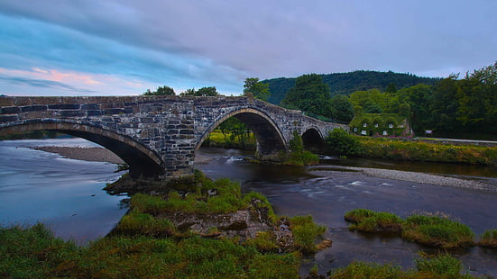 Llanrwst Bridge, Wales, England, River Conwy, hus, skymning, Llanrwst, Bridge, Wales, England, River, Conwy, House, Dusk, HD tapet HD wallpaper
