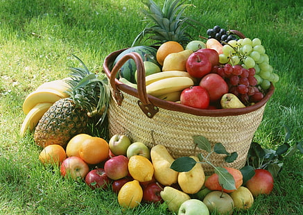 Фрукты, фрукты, яблоко, банан, корзина, виноград, лимон, груша, ананас, апельсин (фрукты), HD обои HD wallpaper