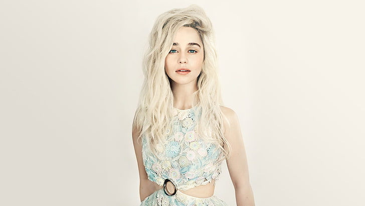 women's teal and white floral crew-neck sleeveless dress, Emilia Clarke, blonde, simple background, celebrity, actress, HD wallpaper