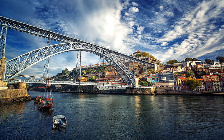 the sky, clouds, trees, home, boats, Portugal, Port, the Douro river, Dom Luis I bridge, HD wallpaper