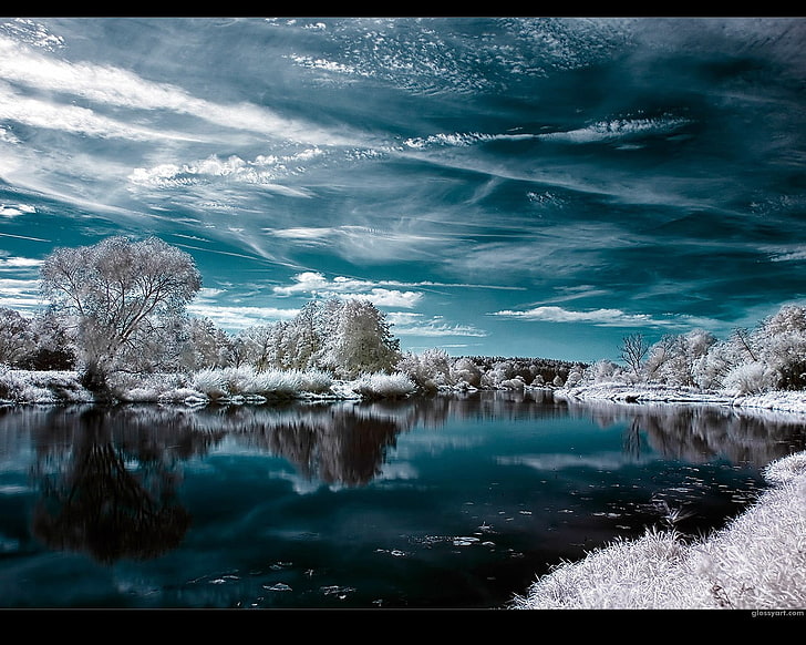cuerpo de agua al lado de los árboles de hoja blanca fondo de pantalla digital, paisaje, naturaleza, arte digital, reflexión, cielo, nubes, Fondo de pantalla HD