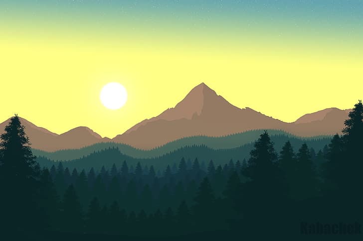 2D Flat, Kabachek, hutan, pegunungan, matahari terbit, CG, digital, puncak gunung, alam, Wallpaper HD