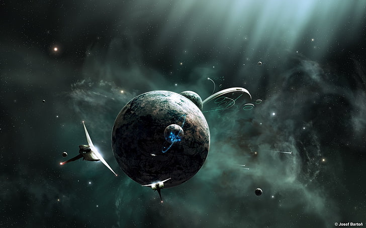 Raumschiffe und Planeten digitale Tapete, Raum, Science Fiction, JoeyJazz, Raumkunst, Planet, Raumschiff, HD-Hintergrundbild