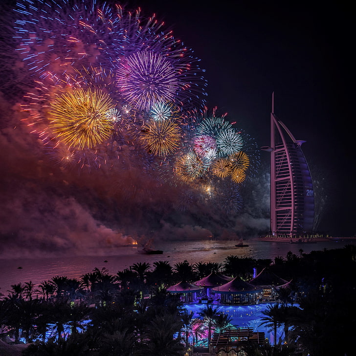 Дубай, ночь, Новый год, фейерверк, ОАЭ, HD обои
