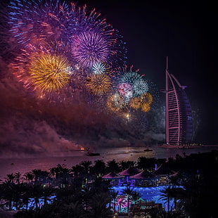 Dubai, noche, año nuevo, fuegos artificiales, EAU, Fondo de pantalla HD HD wallpaper