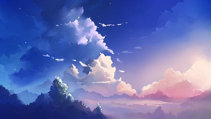 awan abu-abu dan putih, hutan di bawah langit berawan wallpaper digital, langit, awan, biru, lanskap, 5 sentimeter per detik, anime, makoto shinkai, pink, damai, karya seni, Wallpaper HD