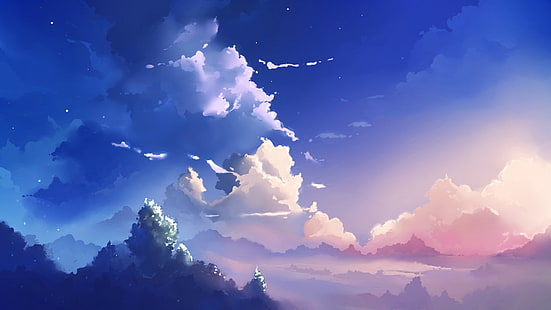 awan abu-abu dan putih, hutan di bawah langit berawan wallpaper digital, langit, awan, biru, lanskap, 5 sentimeter per detik, anime, makoto shinkai, pink, damai, karya seni, Wallpaper HD HD wallpaper