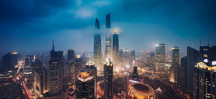 високи сгради, град, нощ, небостъргач, градски светлини, Шанхай, небе, градски пейзаж, синьо, HD тапет