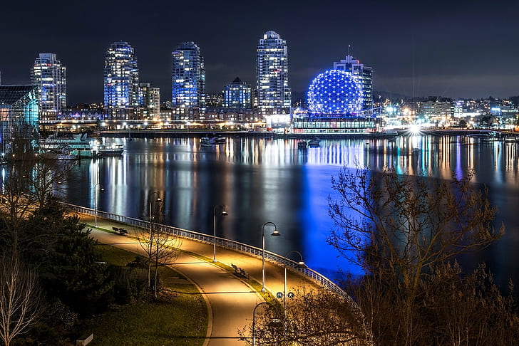 Vancouver, Kanada, noc, budynek miejski, Vancouver, Kanada, miasto, noc, droga, światła, latarnie, oświetlenie, damba, rzeka, łodzie, budynki, wieżowce, Tapety HD