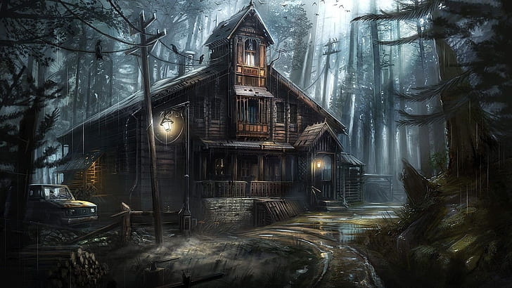 фентъзи изкуство, къща с духове, къща с духове, къща, дърво, гора, изоставен, дъждовен ден, дъждовен, фантастичен пейзаж, HD тапет