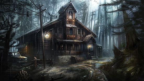 fantasy art, casa stregata, casa fantasma, casa, albero, foresta, abbandonato, giorno di pioggia, piovoso, paesaggio di fantasia, Sfondo HD HD wallpaper