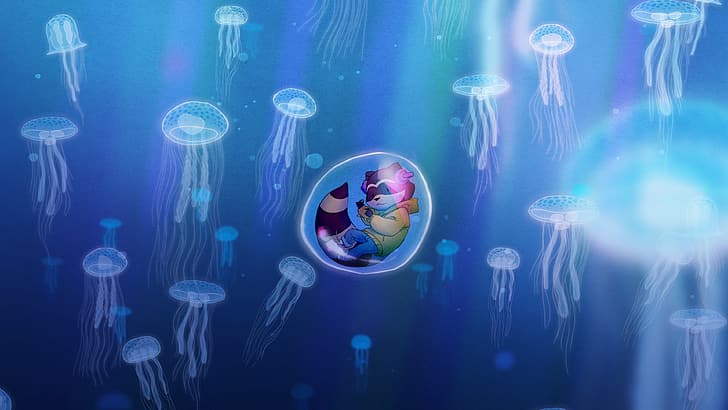 raccoons, underwater, jellyfish, bubble, Jeoffrey Magellan, Tevy Dubray, Anthro, floating, HD wallpaper