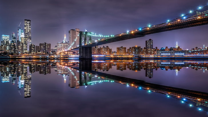 black bridge, night, the city, Brooklyn Bridge, HD wallpaper